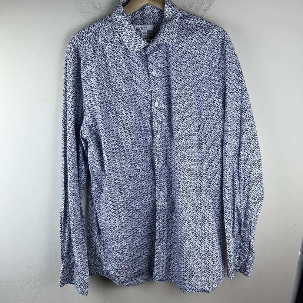 Bar III Men's XL Slim Fit Stretch Button Down Shirt Navy White Leaf Print Long S